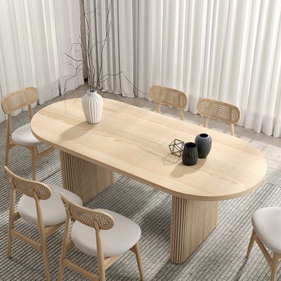 Oakard Japandi 63"-79" Oval Extendable Dining Table with Butterfly Leaf 8 Seater Natural-Homary Whitewash Dining Table, Japandi Dining, Wood Base Dining Table, Loveseat Living Room, Elegant Dinner, Oval Table Dining, Oak Dining Table, Decor Trends, Extendable Dining Table