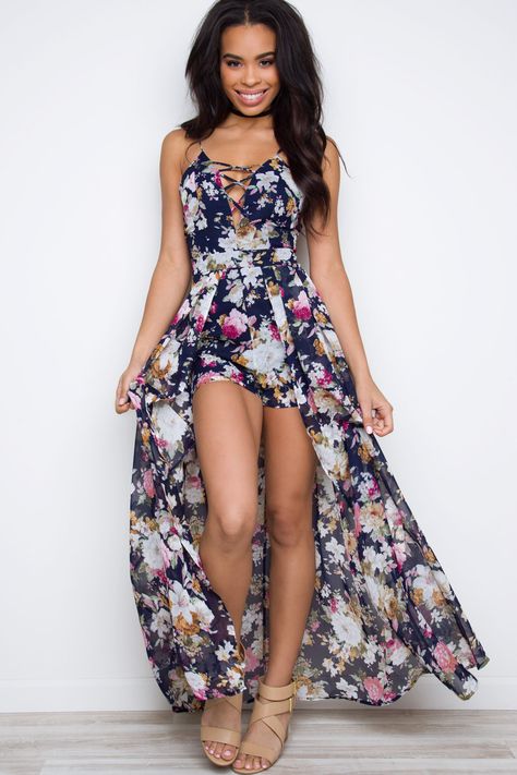 Only The Best Maxi Romper - Navy Maxi Romper Dress, Chiffon Romper, Gaun Fashion, Maxi Romper, Maxi Skirt Dress, Romper Dress, Romper With Skirt, Navy Floral, Chiffon Fabric