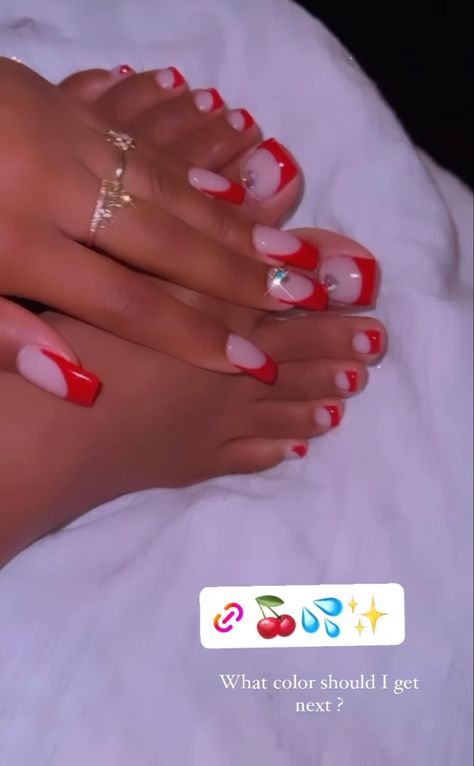 Red Nails And Toes Matching, Red French Tip Toe Nails, Red Acrylic Toes, Red French Tip Toes, Matching Nail And Toe Sets, Red Toe Nails, Drippy Nails, Nails And Toes, Red Stiletto Nails