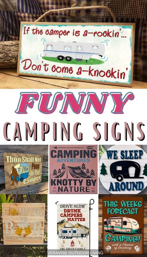 Unique & Funny Camping Signs • RV Camper signs • Fun camping signs • Funny, hilarious, and clever campsite signs Camper Quotes Funny, Camp Signs Diy, Camping Funny Humor, Campground Crafts, Funny Camping Quotes, Camping Signs Diy, Funny Camping Signs, Camping Signs Personalized, Camper Quotes