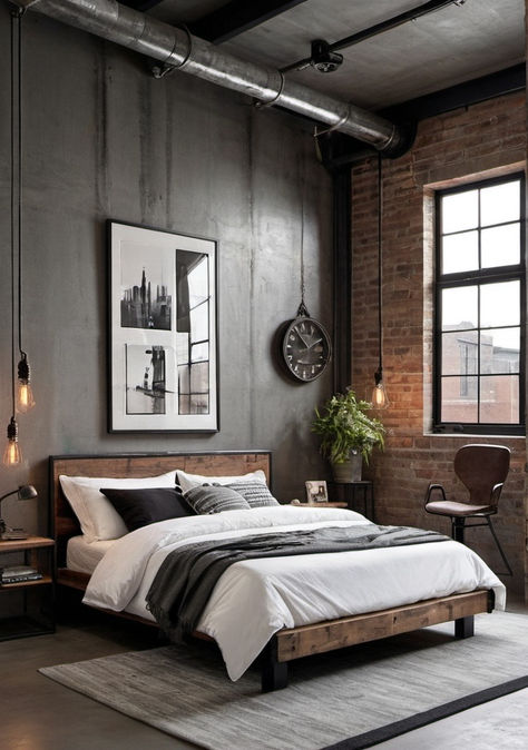 Modern Interior design, bedroom decor, rustic/industrial bedroom, home design Industrial Bedding, Modern Interior Design Bedroom, Rustic Industrial Bedroom, Modern Industrial Bedroom, Bedroom Decor Rustic, Industrial Modern Bedroom, Bachelor Bedroom, Bedroom Industrial, Industrial Fashion