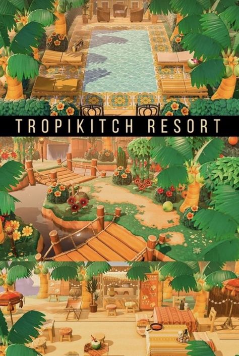 Animal Crossing Tropical Villagers, Island Theme Animal Crossing, Bamboo Area Animal Crossing, Acnh Tropical Ideas, Tropical Animal Crossing Island Ideas, Acnh Tropical Shopping District, Animal Crossing Resort Ideas, Animal Crossing Island Inspiration Tropical, Animal Crossing Yoga Studio