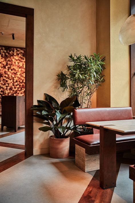 A-nrd looks to Mexico to craft interiors of Kol restaurant in London Booth Seating, Stucco Walls, Floor Runners, Oak Planks, Mexican Designs, Dining Table Marble, Parquet Flooring, Small Dining, Bespoke Furniture