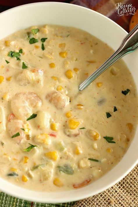 Corn Soup Creamy, Shrimp And Corn Soup, Corn And Potatoes, Shrimp Soup Recipes, Corn Bisque, Shrimp And Corn, Shrimp Corn, Corn Soup Recipes, Creamy Shrimp