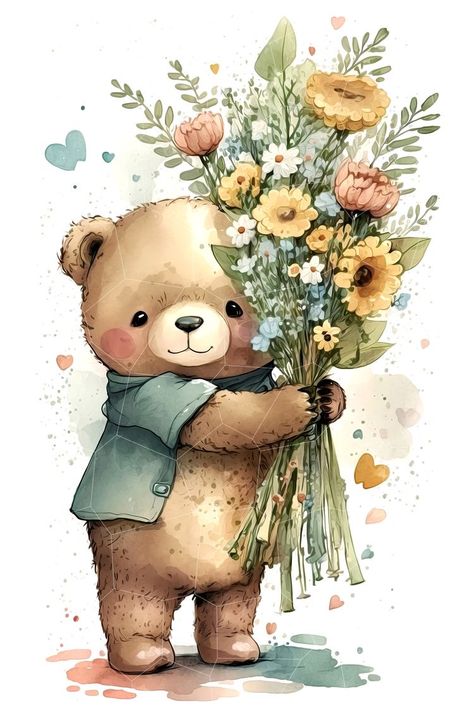 Bear Watercolor, Cute Paintings, Bunny Art, Baby Art, Cute Bear, Floral Gifts, Cute Bears, Watercolor Clipart, Pretty Wallpapers