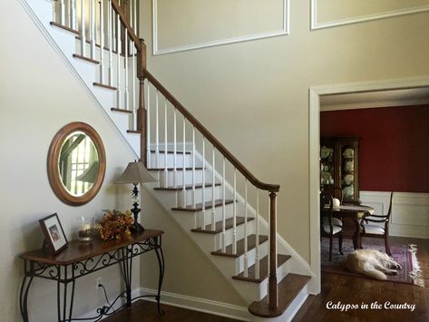 Country Foyer, Benjamin Moore White Sand, Sand Paint Color, Blue Front Door, Benjamin Moore White, Paint Color Inspiration, Neutral Paint Color, Paint Colors Benjamin Moore, Benjamin Moore Paint