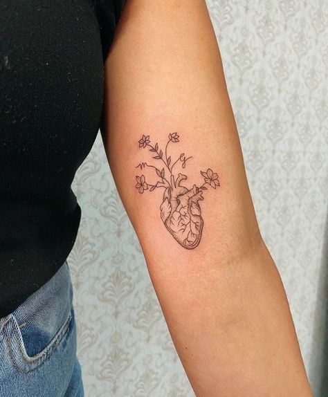 Pach Work Tattoo Ideas, Growing Heart Tattoo, Heart With Flowers Coming Out Tattoo, Heart And Flower Tattoo Simple, Flowers In Heart Tattoo, Heart W Flowers Tattoo, Realistic Heart Tattoo Flowers, Fine Line Heart Tattoo With Flowers, Hearts With Flowers Tattoo