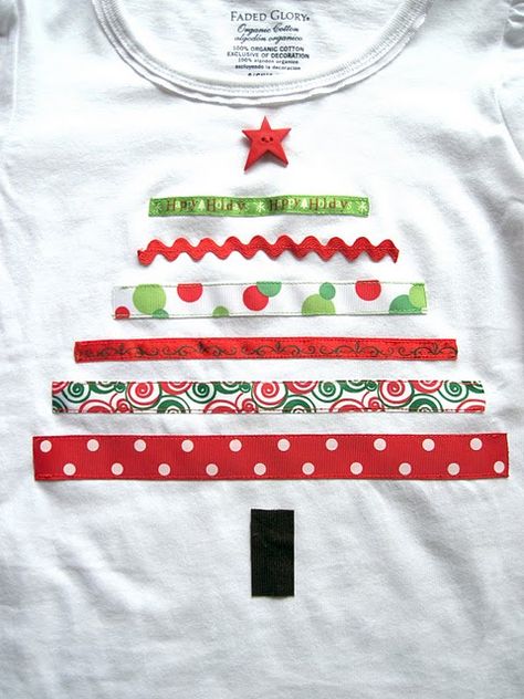 Ribbon shirt.  Cute. Could even iron on the ribbon with Heat 'n Bond (the heavy duty kind).  Christmas pj shirt for girls - maybe boys too, they aren't too old yet! Ribbon Tree, Simple Tree, Tee Tree, Christmas Tree Shirt, Baby Diy, Tree Shirt, Sewing For Kids, Kids Stuff, All Things Christmas