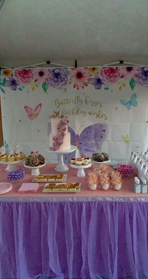 Dessert Table Butterfly Theme, Butterfly Dessert Table, Lavender Baby Showers, Sweet Corner, 1st Bday Party, Butterfly Baby Shower, Butterfly Theme, Butterfly Birthday, Corner Table