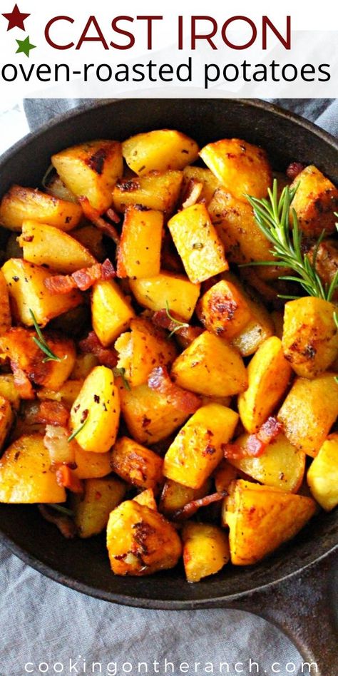 A cast iron skillet works beautifully for searing and crisping potatoes in the oven. These pan roasted potatoes are crispy on the outside, soft and tender on the inside, and beautifully savory with rosemary and Worcestershire sauce. #castiron #skilletpotatoes #ovenpotatoes #friedpotatoes Cast Iron Skillet Potatoes, Iron Skillet Potatoes, Red Potatoes Oven, Pan Roasted Potatoes, Best Potatoes, Potatoes In The Oven, Cast Iron Oven, Potatoes In Oven, Roasted Red Potatoes