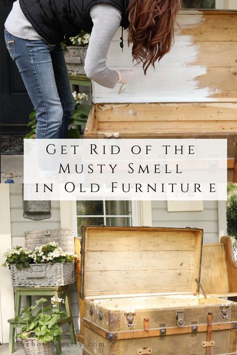 Get Rid of The Musty Smell in Old Furniture by sheholdsdearly.com Repurposed Old Trunks, Trunk Restoration Diy, Refinished Trunk Ideas, Decorating With Trunks, How To Get Musty Smell Out Of Furniture, Decorating With Antique Trunks, Refurbished Trunk, Trunk Restoration, Old Trunks Makeover Ideas