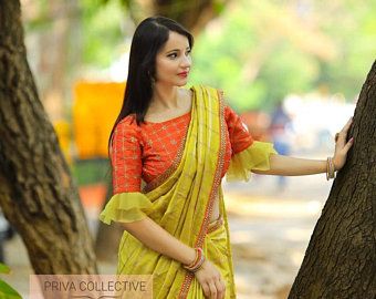 Frill Blouse Designs Latest, Frill Blouse Designs, Blouse Desine, Half Sarees, Saree Blouse Neck Designs, Cotton Saree Designs, Frill Blouse, Sari Blouse Designs, Indian Saree Blouses Designs