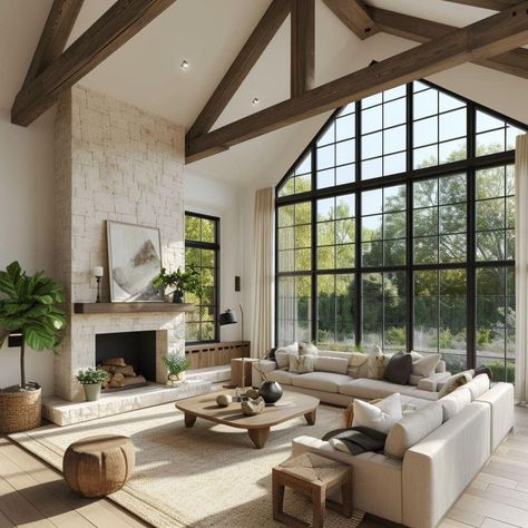 Cozy Living Room Tall Ceilings, Tall Roof Living Rooms, Two Story Vaulted Ceiling Living Room, High Ceiling Living Room Farmhouse, Fireplace Two Story Living Room, My Dream Home Interior, High Ceiling Living Room Modern Luxury, Main Floor Layout Open Concept, House Design Interior Living Room