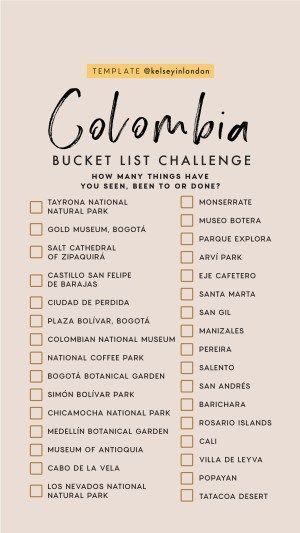 Top things to do in Colombia - Colombia Bucketlist - Instagram Story Template - kelseyinlondon - Kelsey Heinrichs - What to do in Colombia - Where to go in Colombia - top places in Colombia Bucket List Challenge, Travel Bucket Lists, List Challenges, Ultimate Bucket List, Travel Destinations Bucket Lists, Colombia Travel, Travel Checklist, South America Travel, Bucket List Destinations