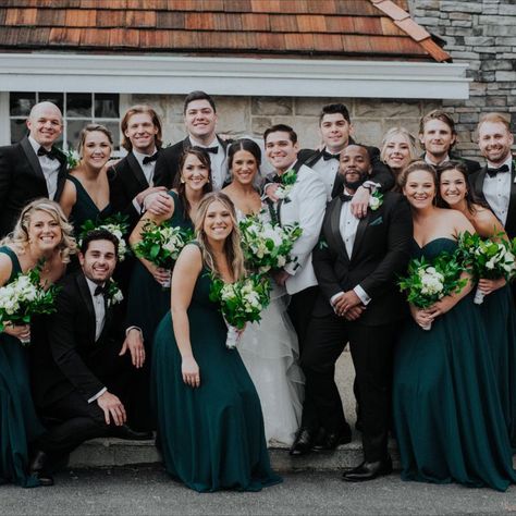 Winter Wedding | The Piedmont Room | Atlanta, GA Black Tux Groomsmen & Forest Green Bridesmaids Emerald Green Bridesmaid And Groomsmen, Forest Green Bridesmaids, Black Tux Groomsmen, Tux Groomsmen, Green Tux, Black Tux Wedding, Dark Green Bridesmaid Dress, Groomsmen Grey, Golf Wedding