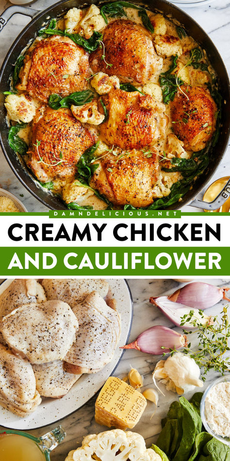 A quick weeknight dinner with just 20 minutes of prep! Cooked with roasted cauliflower and spinach in a Parmesan garlic cream sauce, these chicken thighs are an easy homemade meal you'll surely love. Save this creamy chicken and cauliflower recipe! Creamy Chicken And Cauliflower, Chicken And Cauliflower, Chicken Cauliflower, Cauliflower Recipe, Cauliflower Casserole, Vegetable Broth, Best Chicken Recipes, Cauliflower Recipes, Roasted Cauliflower