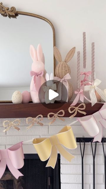 Deborah Trette on Instagram: "the bunnies are out, the bows are up! sharing my easter mantel — lovin’ all the pretty spring pastel colors + spring feels! 🐰🌸 bow garlands: @merimeriparty 

save and share for inspo🫶🏻
links under @shop.ltk 

#spring #springdecor #springmantel #easter #easteridea #easterdecor #pinkaesthetic #easteantel #flockedbunny #homegoodsfinds #homegoodsobsessed #homedecor #springrefresh" Spring Decorating Ideas For The Home, Easter Mantel Decorating Ideas, Easter Inspiration Decor, Easter Mantel, Spring Feels, Bow Garland, Spring Refresh, June Birthday, Easter Inspiration