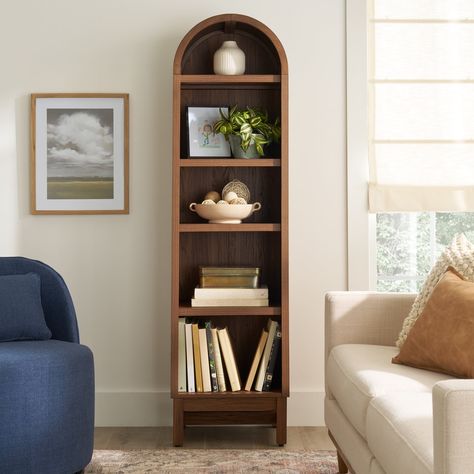 Better Homes & Gardens Juliet Narrow Arch Bookcase, Walnut Finish - Walmart.com Wooden Standing Shelves, Under Window Bookshelf, Narrow Hutch, Hallway Bookcase, Arch Bookcase, Small Home Libraries, Bookshelves Aesthetic, Arched Bookcase, Tall Narrow Bookcase