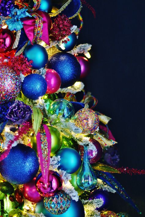 A Bright and Merry Christmas Dining Room - Thistlewood Farm Bright Coloured Christmas Decorations, Hot Pink And Blue Christmas Tree, Jewel Color Christmas Tree, Neon Christmas Tree Ideas, Neon Ornaments Christmas Tree, Jewel Tone Christmas Decorations, Merry Bright Christmas Tree, Multi Colored Christmas Decor, Bright Christmas Tree Decorations