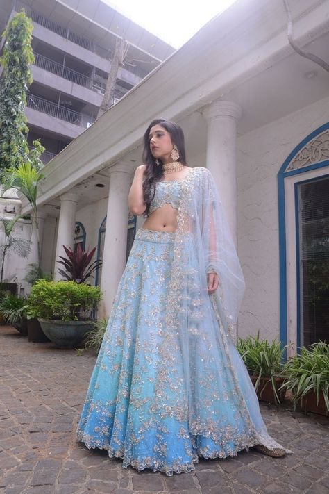 Blue Ombre Lehenga, Blue Pakistani Dress, Ombre Lehenga, Marriage Clothes, Zardozi Work, Indian Outfits Lehenga, Resham Work, Lehenga Designs Simple, Fancy Sarees Party Wear