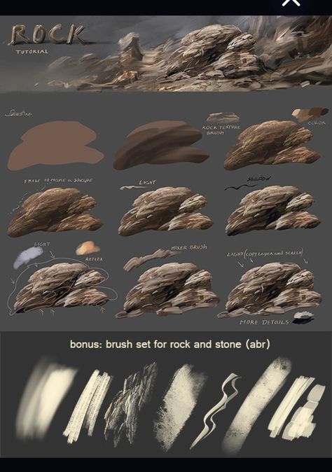 Rock Tutorial Digital, How To Draw A Rock, Rock Texture Drawing, Wave Tutorial, Rock Tutorial, Rock Drawing, Step By Step Art, Concept Art Tutorial, Digital Painting Techniques