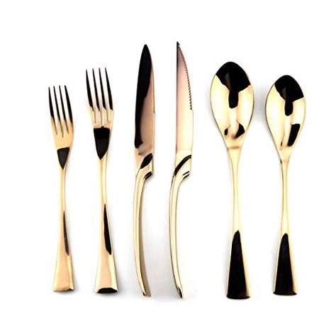 Uniturcky Rose Gold Stainless Steel Mirror Polished Flatware Set, Steak Knife Dinnerware Knife Fork Salad Fork Dessert Spoon 6-piece, Service for 1 222 Fifth Dinnerware, Mini Spoons, Rose Gold Flatware, Gold Silverware, Stainless Steel Mirror, Gold Flatware, Steel Mirror, Steak Knife, Vintage Spoons