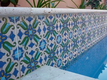 Spanish tile looks are popular Decorative Pool Tiles, Spanish Pool, Waterline Pool Tile, Pool Tile Designs, Mediterranean Pool, Pool Finishes, Swimming Pool Tiles, Pool Renovation, Pool Remodel