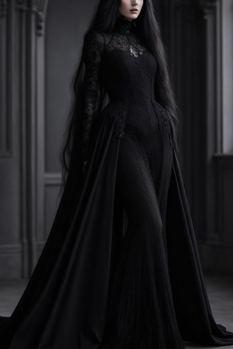 Fantasy Black Wedding Dress, Black Dress Concept Art, Black Elf Dress, All Black Fantasy Outfit, Demon Princess Outfit, Black Elven Dress, Ethereal Black Dress, Black Princess Dress Fairytale, Gothic Fantasy Dress