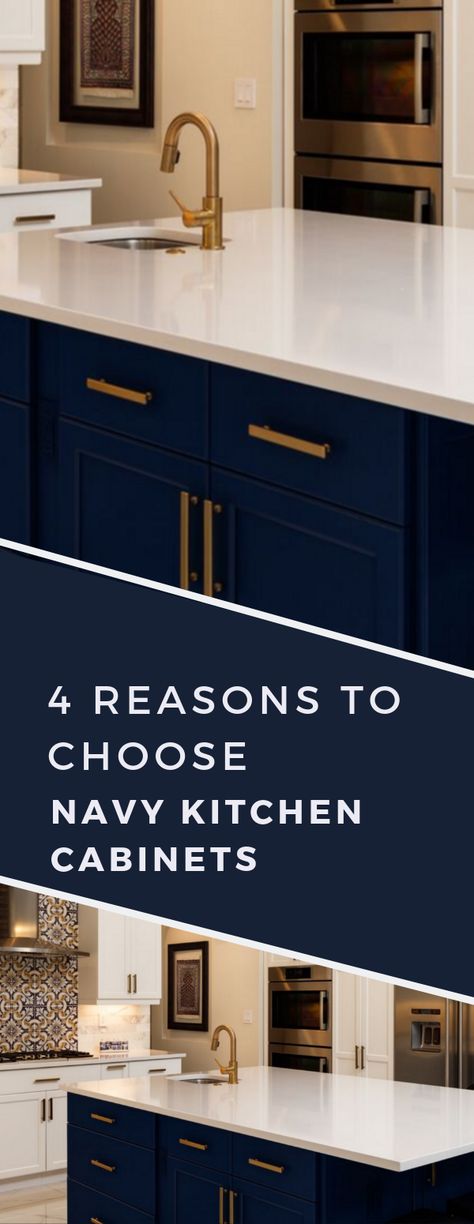 Navy kitchen cabinets are trending! #kitchendesign #kitchentrends #homeimprovement Navy And Cream Kitchen Cabinets, Navy Blue And Cream Kitchen, Blue Shaker Kitchen Cabinets, Navy Kitchen Cabinets, Corner Kitchen Pantry, Navy Blue Kitchen Cabinets, White Kitchen Cupboards, Dark Blue Kitchens, Cream Kitchen Cabinets