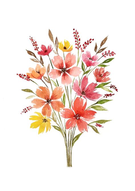 Bunch Of Flowers Drawing, Aquarel Painting, Watercolor Flower Bouquet, Flower Bouquet Drawing, Hand Paintings, Tropical Backyard, Watercolor Paintings For Beginners, Watercolor Bouquet, Floral Drawing