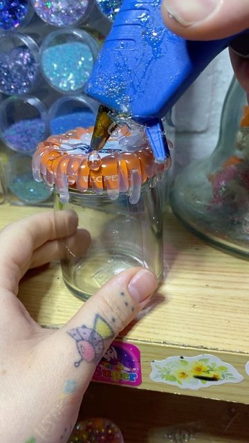 Kellie on Instagram: "So peaceful but likeeeee Like maybe I should get some low temp glue?? Either way I still love making these babes, I def need to find the rest of my jar stash! Next up is a cute little fat boi😍😍😍" Diy Stash Jar, Stash Jar, Stash Jars, Glue, Be Still, Instagram