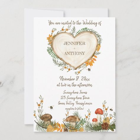 Cozy Woodland Cottagecore Wooden Heart Wedding Invitation Cottagecore Wedding, Heart Wedding Invitations, Cozy Wedding, Earthy Wedding, Cottagecore Style, Woodland Theme, Script Lettering, Event Details, Wooden Heart