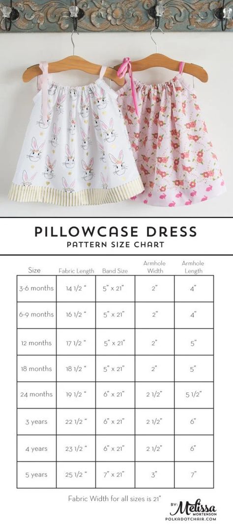 Free Pillowcase Dress Pattern and Size Chart | Polka Dot Chair Pillowcase Dress Pattern, Girls Dress Pattern Free, Baby Diy Sewing, Baby Clothes Patterns Sewing, Girls Clothes Patterns, Sewing Baby Clothes, Girls Dress Sewing Patterns, Diy Baby Clothes, Sew Ins