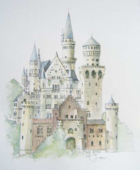 German Castle Watercolor Castle Drawing, Castle Painting, Neuschwanstein Castle, Artist Pens, Word Wall Art, Typography Wall Art, Beautiful Castles, A Castle, Wall Art Quotes