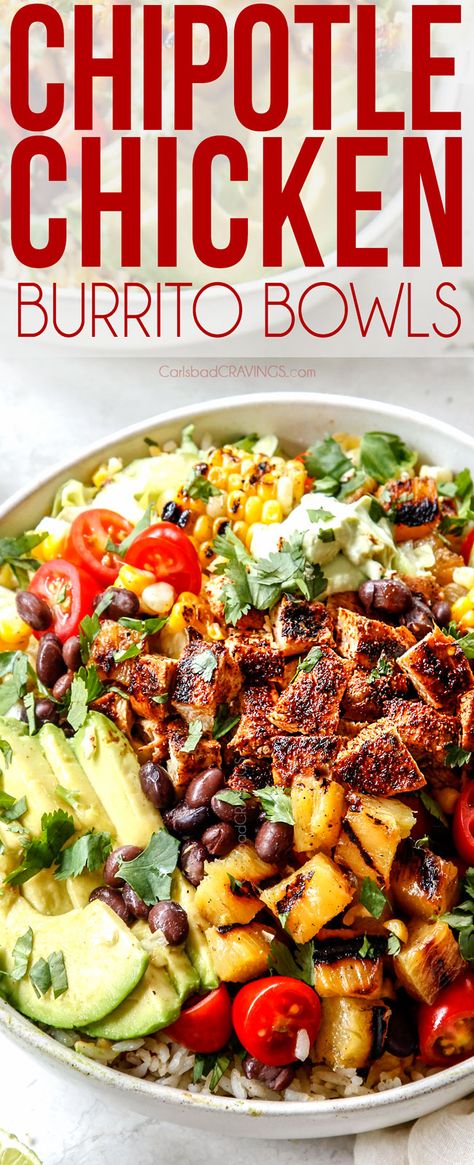 Chipotle Chicken Burrito, Burrito Bowl Meal Prep, Burrito Bar, Chipotle Burrito Bowl, Chicken Burrito Bowls, Burrito Bowls Recipe, Carlsbad Cravings, Chicken Burrito, Chicken Burrito Bowl