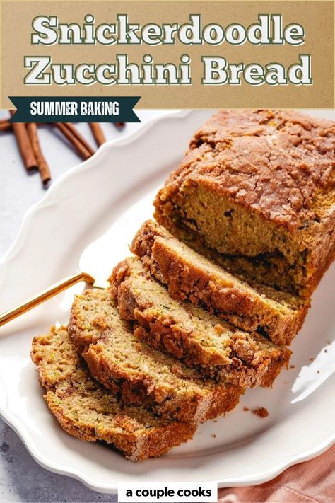 This snickerdoodle zucchini bread combines two cozy baked goods into the perfect blend of sweet and spice! The moist zucchini bread gets a warm, cinnamon-sugar twist so it tastes a bit like your favorite cookie—but better. #zucchini #zucchinibread #zucchinibreadrecipe #quickbread #easyrecipe #quickbreadrecipe #zucchinibreadrecipe #baking #bakedgood Snickerdoodle Zucchini Bread, Moist Zucchini Bread, Cold Dip Recipes, Sugar Twist, Best Fish Recipes, Winter Salad Recipes, A Couple Cooks, Zucchini Bread Recipe, Baking Bread Recipes