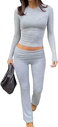 ZFLM Casual Workout Two Piece Outfits Long Sleeve High Waist Fold-over Flare Flared Leggings Pants Tracksuit Sets Streetwear Flare Tracksuit, Fold Over Leggings Outfit, Fold Over Leggings, Solid Flare Yoga Pants For Loungewear, Flare Leggings With 4-way Stretch For Workout, Flare Leggings With 4-way Stretch, Flared Leggings With 4-way Stretch, Flared Leggings, Tracksuit Set