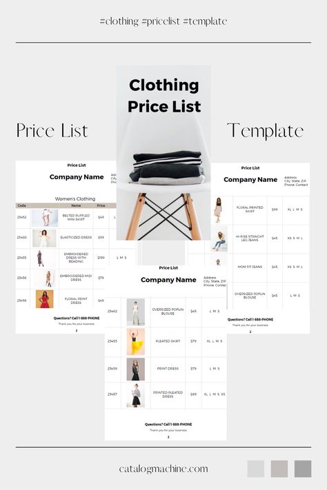 A modern clothing business price list template with pictures. All our templates are fully customizable and free. PDF & digital price list. Click the link to use it! Price List Design Templates, Price List Design, Clothing Business, Price List Template, List Design, Modern Clothing, Custom Templates, Chart Design, List Template