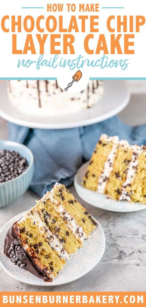 Chocolate Chip Cake Filling, Chocolate Chip Yellow Cake, Chocolate Chip Layer Cake, Square Layer Cake, Chocolate Chip Birthday Cake, Delicious Buttercream Frosting, Chocolate Chip Cake Recipe, Chocolate Ganache Glaze, Easy Cake Recipe