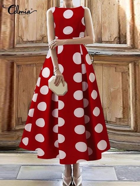 Celmia Elegant Ladies Party Dress Women Sleeveless Fashion Summer Polka Dot Pleated Midi Dress Casual Round Neck Evening Vestido - Dresses - AliExpress Polka Dot Frocks For Women, Polka Dot Outfits For Women, Braid Styles For Girls, Spotty Dotty, Party Dress Women, Polka Dots Outfit, Frock For Women, African Maxi Dresses, Elegant Dresses Classy