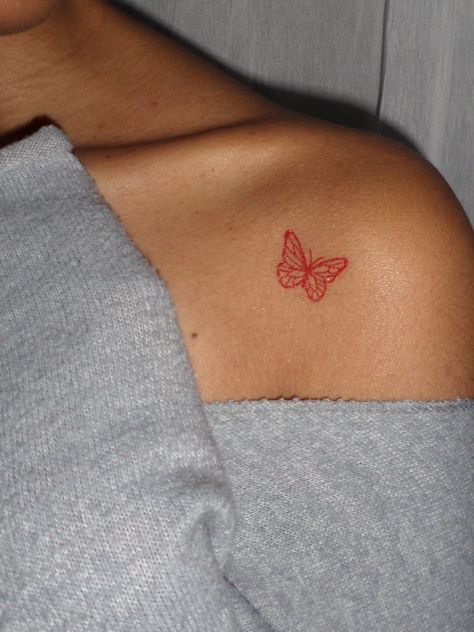 #tattoos #coupletattoos #tattoosideas #fullbodytattoos #tattoosfashions #CoolTattoos Red Tattoos Butterfly, Red Butterfly Tattoo Shoulder, Red Butterfly Back Tattoo, Red Butterfly Hand Tattoo, Red Tattoo Shoulder, Butterfly Red Tattoo, Small Red Butterfly Tattoo, Butterfly Tattoo Red Ink, Red Tattoo On Brown Skin