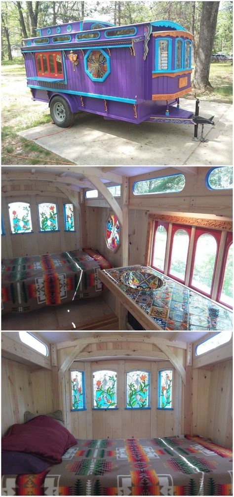 Vardo With Bathroom, Witchy Camper Interior, Witch Caravan, Romani Caravans, Witchy Camper, Romani Caravan, Vardo Wagon, Glamping Trailer, Caravan Living