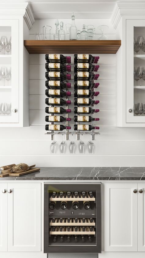 Space-saving kitchen wine storage Wine Counter Ideas, Liquor Organization, Speakeasy Kitchen, Kitchen Wine Storage, Metal Wine Racks, Modern Wine Storage, Modern Wine Rack, W Series, Wine Closet