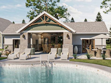 050P-0013: Craftsman-Style Pool House Plan Backyard With Guest House And Pool, Transitional Pool House, Craftsman Pool House, Small Pool House Plans, Pool House With Bedroom, Backyard Ambiance, Mil Suite, Pool House Design, Patio Decks