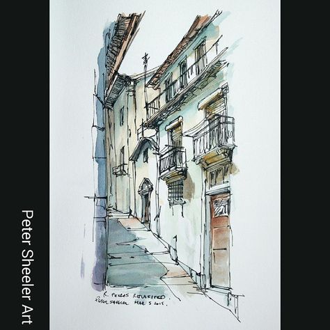 Peter Sheeler, Watercolor Architecture, Architecture Sketchbook, Watercolor Sketchbook, 수채화 그림, Landscape Drawings, Sketch Painting, Watercolor Sketch, Urban Sketching