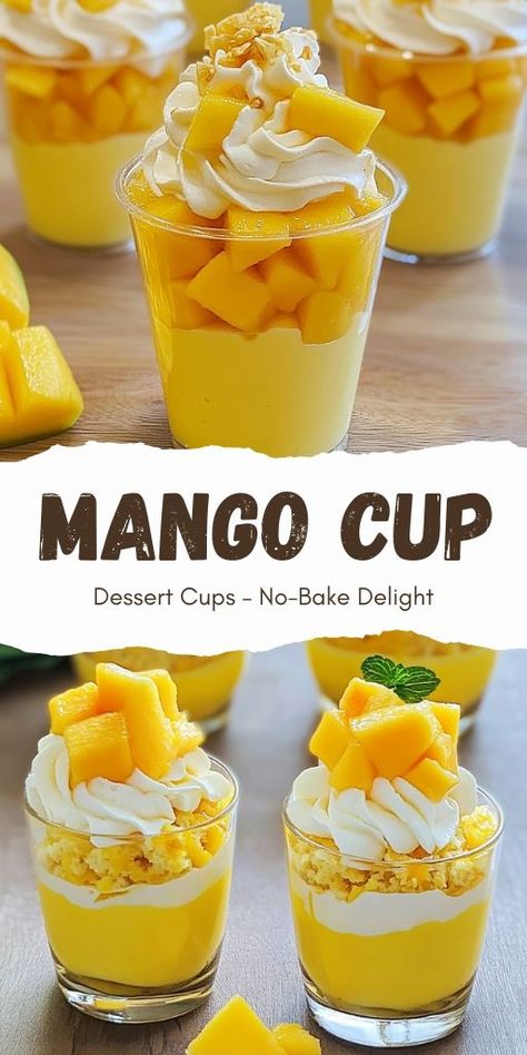 Mango Dessert Cups – No-Bake Delight Ingredients: Mango Layer: 200g chopped mango: Fresh and ripe for the best flavor. 2 tbsp sugar: To enhance the natural sweetness of the mangoes. 150g mango puree: Optional, but it adds an extra layer of intense mango flavor. (If you’re using all fresh mangoes, you can skip the puree and increase the chopped mango.) #Mango #Cup Filipino Mango Dessert, No Bake Mango Dessert, Recipes Using Mango Puree, Baking With Mango, Mango Mousse Cups, Quick Mango Dessert, Mango Filling For Cake, Mango Dessert Ideas, Easy Mango Desserts