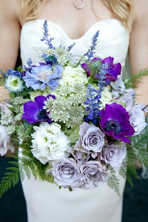 Glorious Bouquet! Lavender Roses, Purple Anemone, Light Blue Scabiosa, White Astrantia, White Larkspur, Light Green Hydrangea, Fresh Lavender, Blue Delphinium & Green Fern>>>> Summer Flower Bouquet, Purple Bouquets, Purple Bridal Bouquet, Purple Wedding Bouquets, Lavender Bouquet, Purple Bouquet, Purple Wedding Flowers, Blue Bouquet, White Bouquet