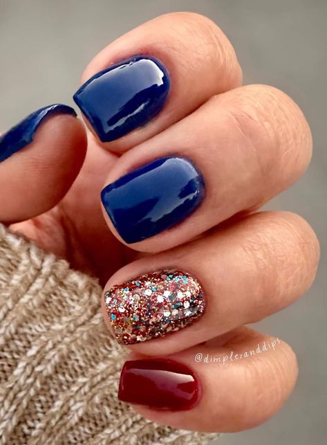 Maroon And Navy Nail Ideas, Navy Nails Fall, Fall Navy Nails, Burgundy And Navy Nails, Fall Nails Navy Blue, Fall Blue Nail Colors, Dark Blue Fall Nails, Navy Christmas Nails, Navy And Orange Nails