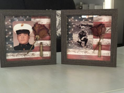 Shadowbox Memorial for Soldier...I wanted to do something that honored my dad and father in law using the bullet from the 21 gun salute and a rose from their funerals Shadow Box Memorial For Dad, Bf Ideas, Shadow Box Memory, Boots Diy, Shell Ideas, Bullet Shell, Fallen Soldier, Memory Crafts, Bullet Casing