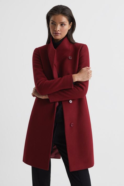 Wool Coat Outfits, Coat Outfits For Women, Red Long Coat, Mid Length Coat, Reiss Women, Red Wool Coat, Core Wardrobe, Long Coat Women, Asymmetric Neckline